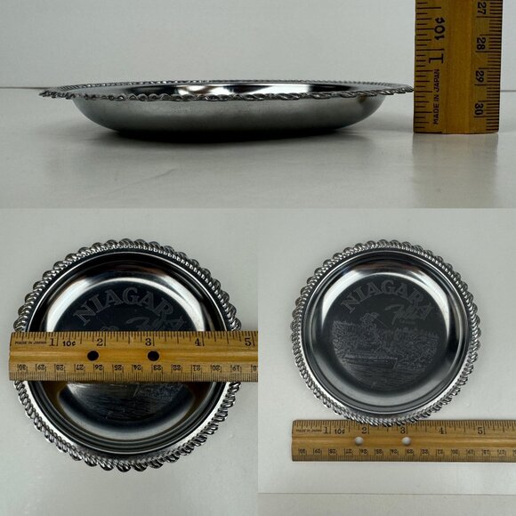 Vtg Small Round Silver Metal Niagara Falls Canada Souvenir Etched Dish Scalloped - Picture 3 of 15